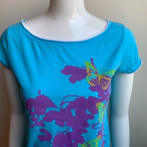 billabong surf blue butterfly logo boat neck  t-shirt - Picture 2 of 4